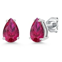 Gem Stone King 14K White Gold Red Created Ruby Double Notch Stud Earrings | 2.50 Cttw | Gemstone July Birthstone | Pear Shape 8X6MM | Gold Earrings for Women Men