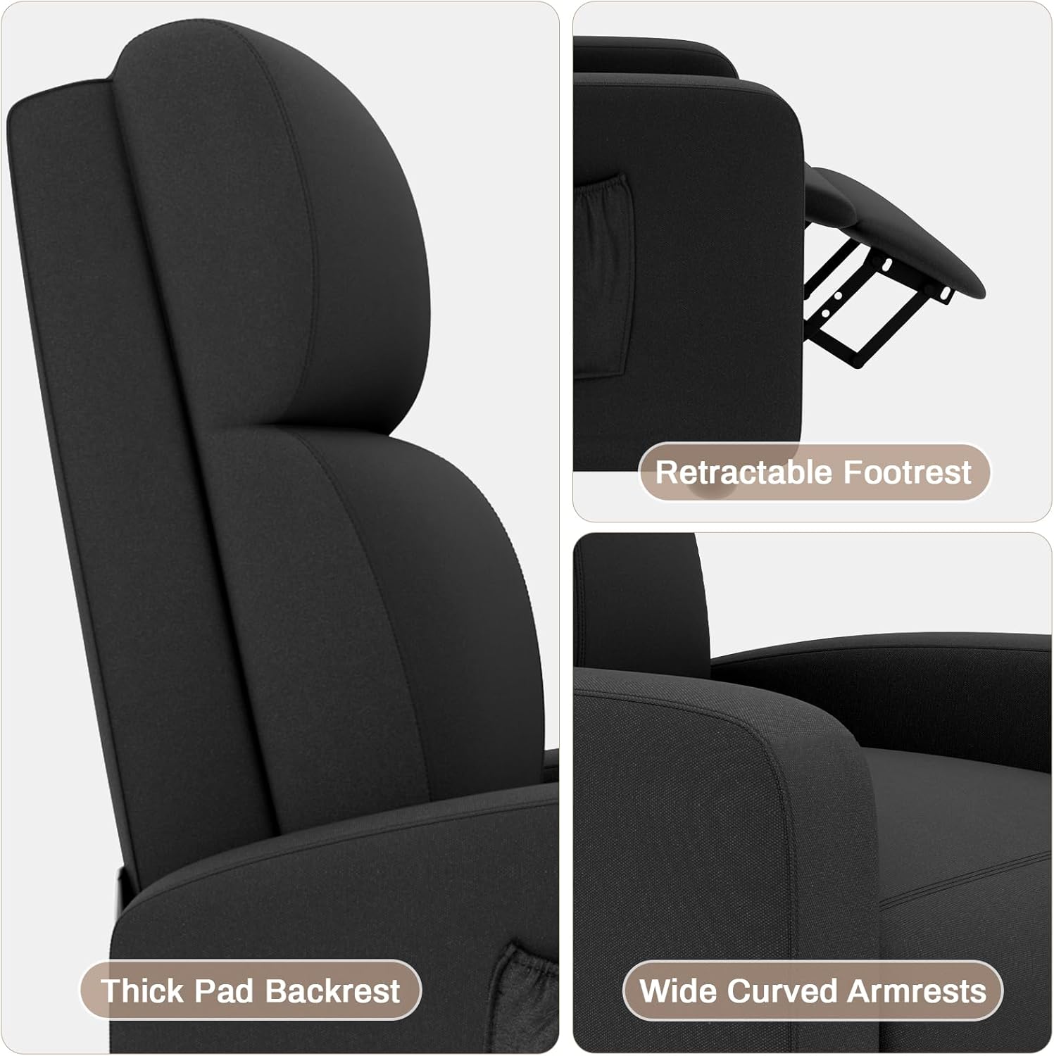 TLSUNNY Fabric Recliner Chair with Side Pocket, Thick Cushion Adjustable Lounger, Modern Home Theater Seating for Bedroom, Living Room