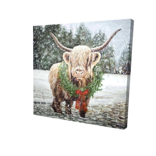 Vache de Noël Highland - Toile 24"x24 Pouces - Impression sur Demande