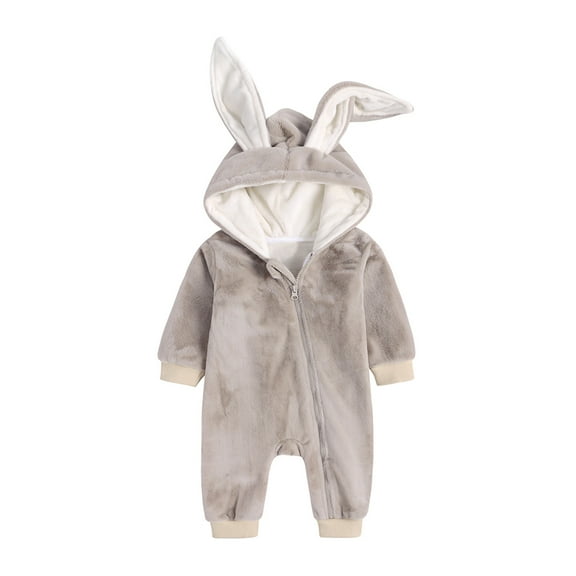 FAOWME Big Kids Girls Boys Hooded Romper Long Sleeve Fuzzy Solid Color Zipper Cute Cartoon Rabbit Design Warm Stylish Bodysuits Jumpsuits For Daily Wear Beige 0-3 Month