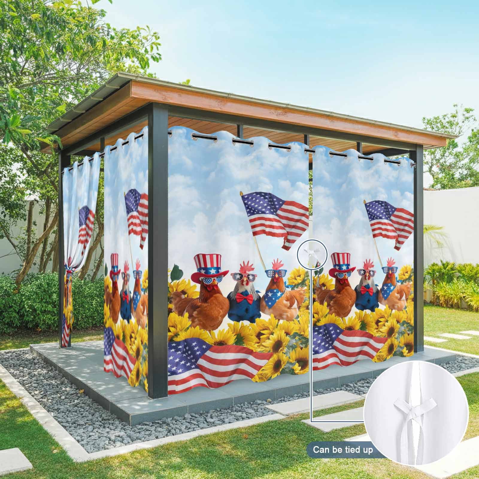Independence Day Outdoor Curtains for Patio, U.S. Flag Themed Farm Rooster Sunflower Farmhouse Sunshade Privacy Drapes Grommet Waterproof Outside Curtains for Porch/Cabana/Balcony 54"x 108", 1 Panel