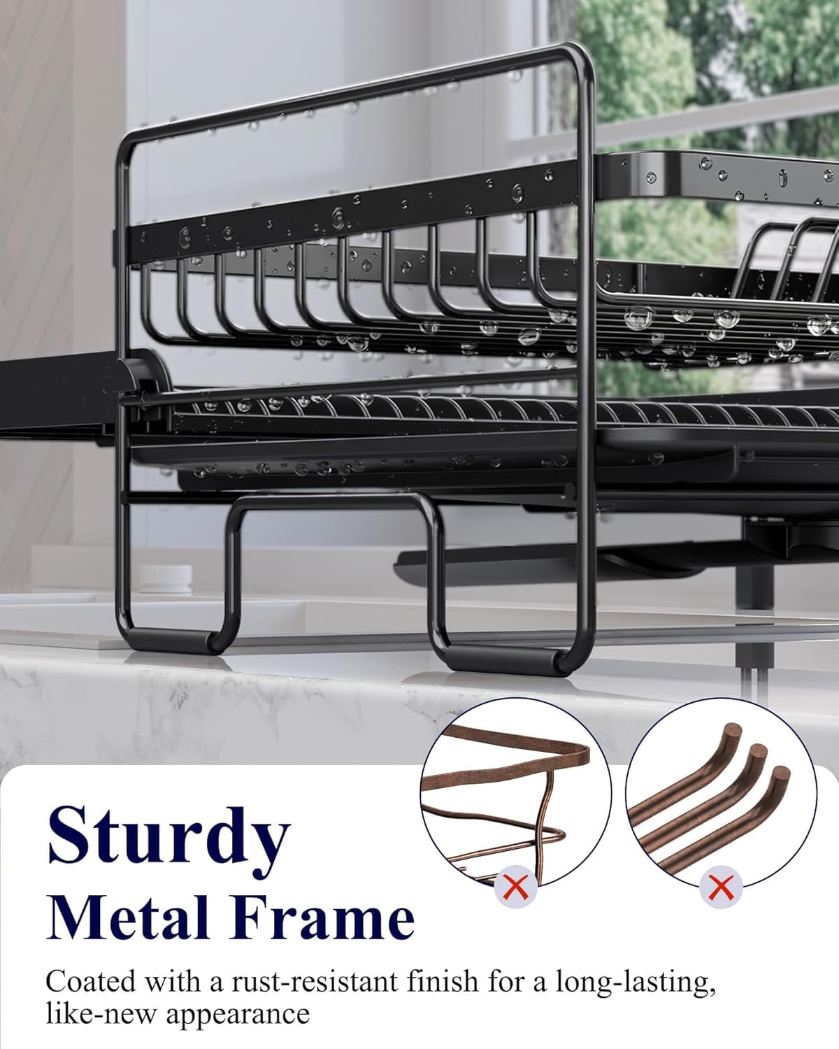 Extendable Dish Drying Rack - Adjustable Length 12.8"–21.0", Auto-Draining Dish Rack for Kitchen Counter, Rust-Resistant Metal Frame Over-Sink Support for Plates, Bowls & Utensils, Grey
