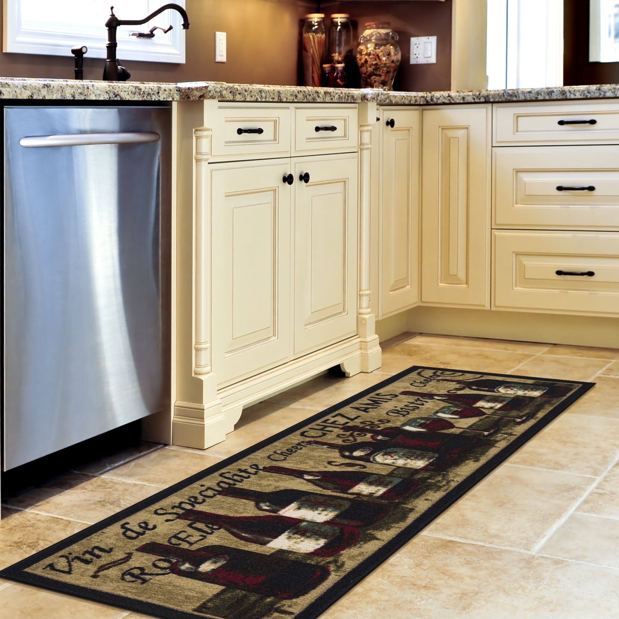 Ottomanson Machine Washable Non-Slip Rubberback Wine 2x5 Kitchen Runner Rug, 20" x 59", Beige