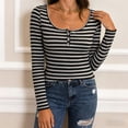 thumbnail image 4 of COMVALUE Women's Striped Henley Shirts Scoop Neck Button Front Long Sleeve Tee Fitted Tops (Black, M), 4 of 5