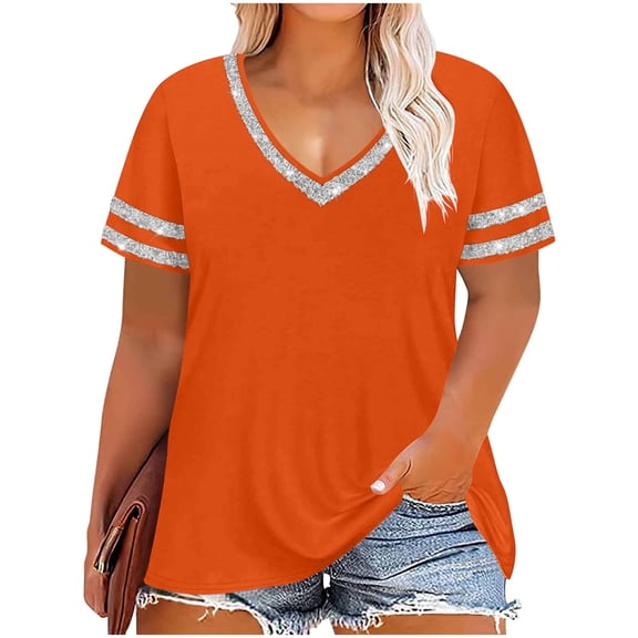 DeHolifer Plus Size Tops for Women Short Sleeve T-Shirt Casual Summer V-Neck Tunics Tees Orange 5XL