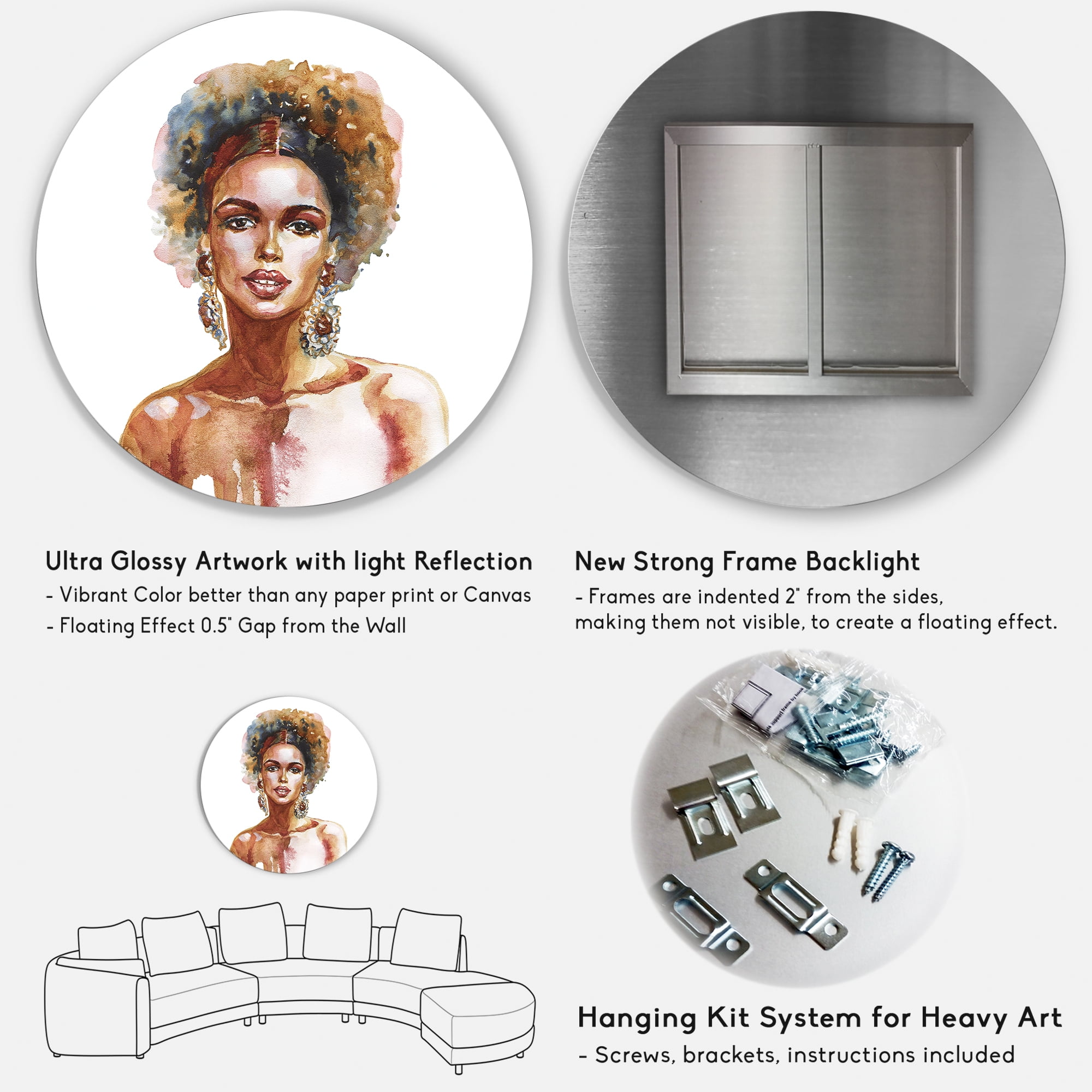 Designart 'Portrait of Afro American Woman V' Modern Circle Metal Wall Art 11x11 - Disc of 11