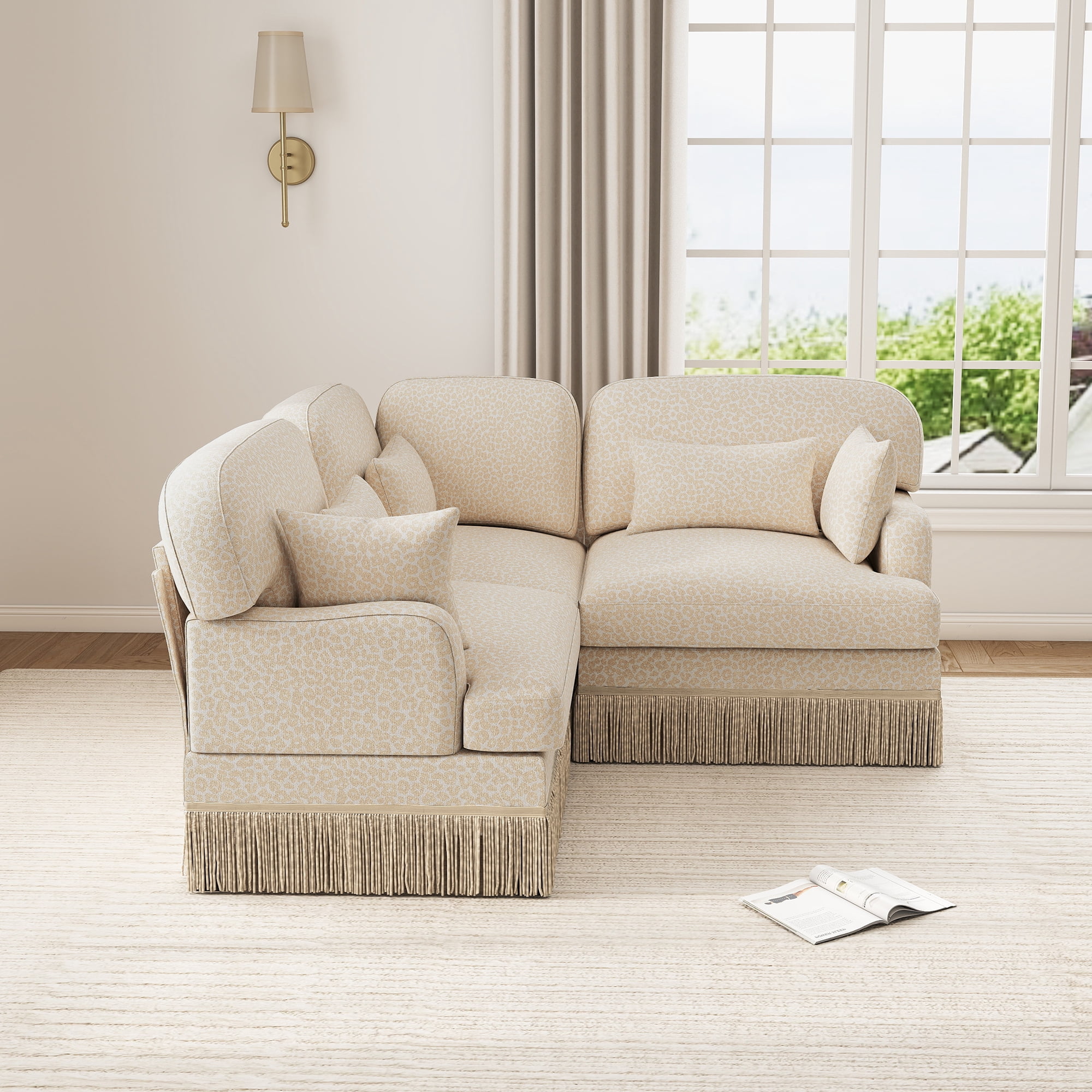 3 Seat Loveseat Sofa L Shaped Corner Couches Leopard Chenille Sofa Couches with Tassel and 2 Pillows