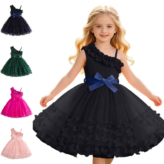 Bmisegm Girls Dress One Shoulder Spaghetti Strap Ruffle Accent Big Bow Waist 3D Butterfly A Line Tutu Party Dress for Girls 9-10 Years