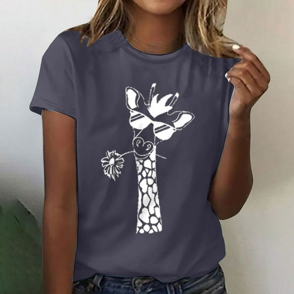 Jsaierl Womens Summer Giraffe Print T-Shirt Funny Crewneck Cute Animal Graphic Tees Casual Short Sleeve Tops Plus Size