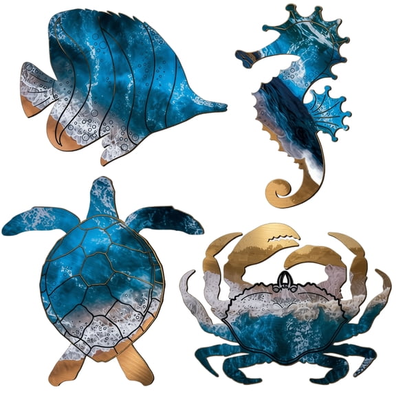 4PCS Summer Ocean Animal Wooden Hanging Signs, Coastal Sea Life Door Hanger Decor, Beach Theme Wall Hanging Porch Photo Wall Decorations