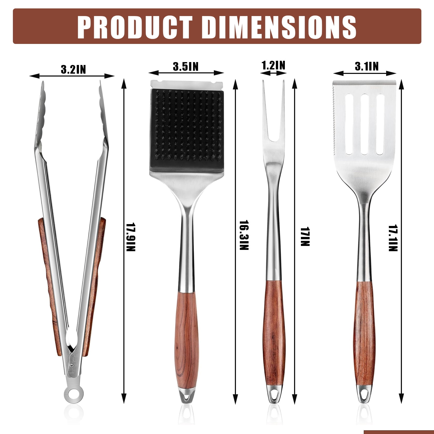 4PCS BBQ Grill Tools Set Stainless Steel Heavy Duty Grilling Accessories Kit with Spatula Tongs Fork Grill Brush Wooden Handle for Outdoor Camping Backyard Barbecue Cooking