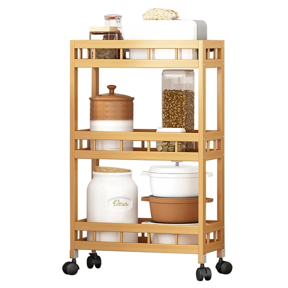 iKayaa 3-Tier Slim Storage Cart of High Mountain Solid Bamboo Kitchen Organizer Slide-Out Mobile Storage Cart Rolling Pantry Shelf Kitchen Shelving Unit Utility Cart