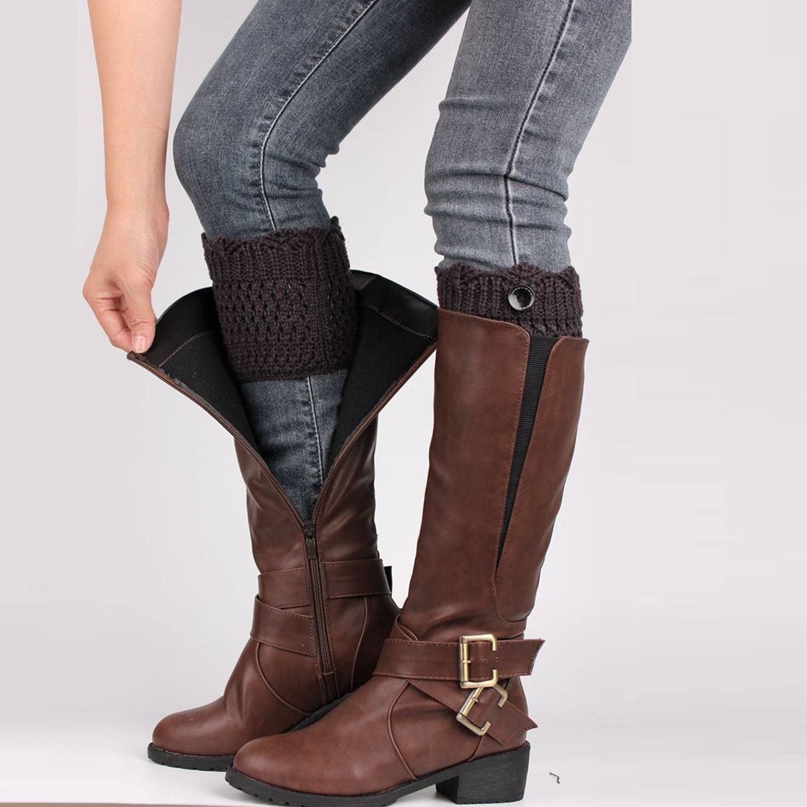 NEW Soft Fleece Lined Knit Brown Stripe Boot Toppers Cuffs Last PAIR FREE SHIP NEW Soft Fleece Lined Knit Brown Stripe Boot Toppers Cuffs Last PAIR FREE SHIP