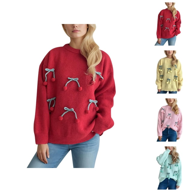 Chandails pour Femmes 2025 Hiver Chandail à Col Rond Chandail 3D Cerise Graphique Décontracté Confortable Hauts