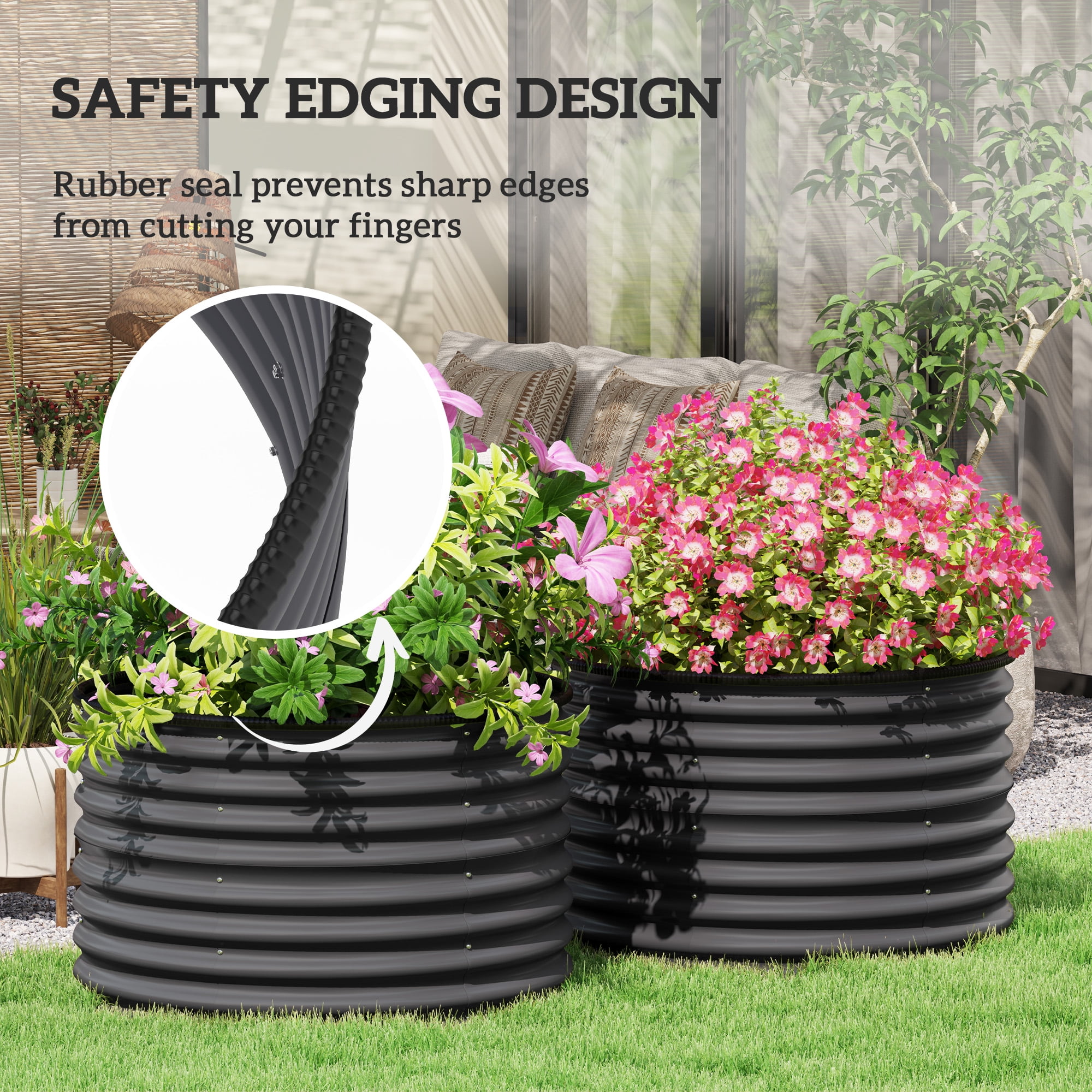 Outsunny Galvanized Raised Garden Bed, Set of 2 Planter Box with Safety Edging, Easy-to-assemble, Dark Gray
