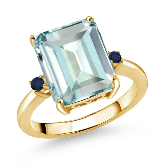 Gem Stone King 18K Yellow Gold Plated Silver 12X10MM Sky Blue Simulated Aquamarine and 2MM Blue Sapphire 3 Stone Engagement Ring for Women | 5.50 Cttw | Gemstone March Birthstone | Size 5