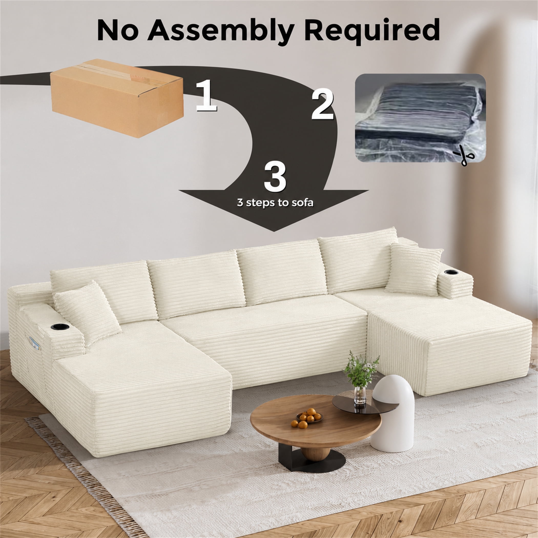 Aukfa 133" Cloud Sectional Sofa Oversized Boneless Couch Modular U-Shaped Couch, Double Chaise Corduroy Sofa for Living Room, White