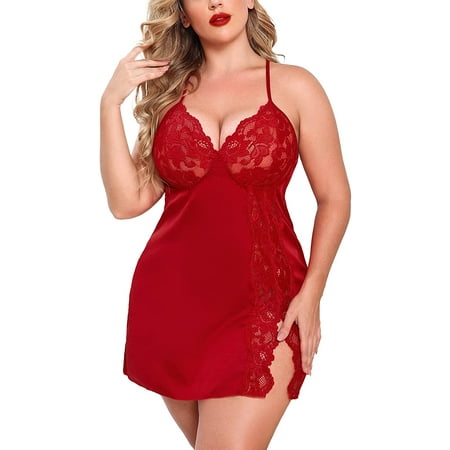 

Avidlove Womens Lingerie Plus Size Nightgown Side Slit Chemise Sleepwear Wine Red 14W