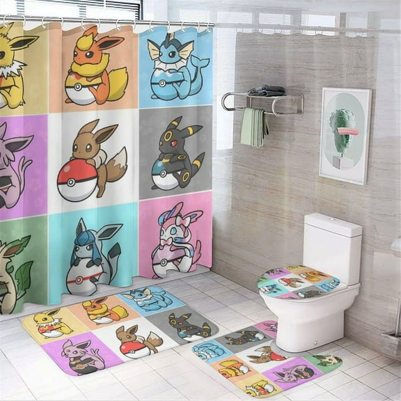 Pokemon Cartoon 4-piece Shower Curtain Set Non-slip Carpet Toilet Seat Lid And Bath Mat for Bathroom Decoration One Size