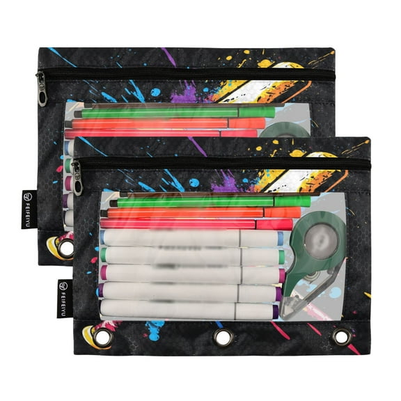 Ckdifva Colorful Baseball and Bat Pencil Pouch 3 Ring Zipper Pencil Case Binder Pockets Clear Top Cosmetic Bag 2 Pack