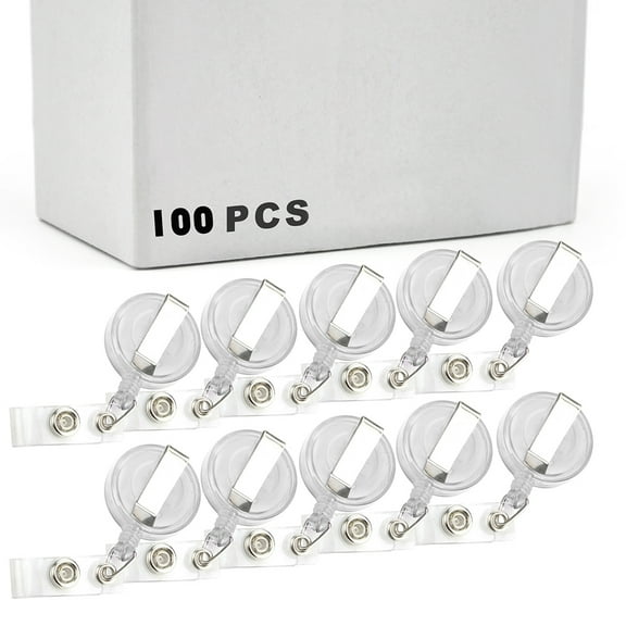 Officeship 100 Pcs Clear White Retractable Badge Holder, Retracting Card Reel