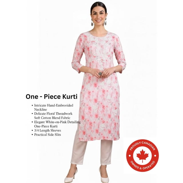 DWEEP SARA Kurta Droite Brodée en Mélange de Coton Blanc pour Femmes 3TG Tunique Ethnique Imprimée Haut Manches 3/4 Col Rond Tenue Festive
