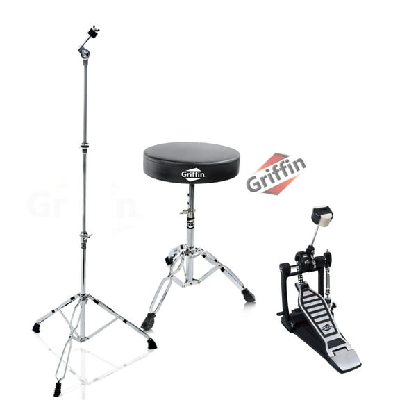 3 PACK Griffin Drum Hardware Set - Kick Drum Pedal, Drummers Throne Seat & Straight Cymbal Stand Deluxe Chrome Slip-Proof Gear Holder Percussion Set for Mounting Crash, Ride & Splash Cymbals