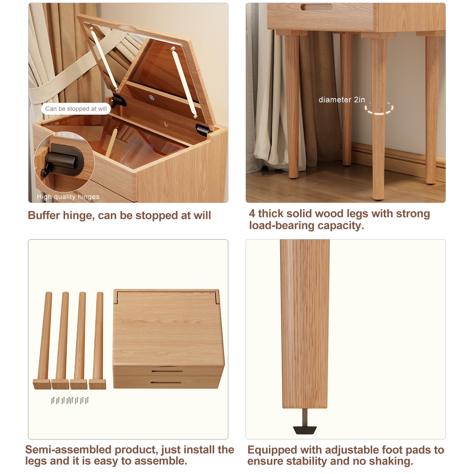 Muwuele Vanity Desk, Natural Wood Makeup Table with Flip Top Mirror, Adjustable Lights, Jewelry Organizer and Drawers