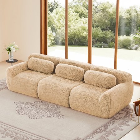 3-seater Modular Sectional Sofa with Back Cushion Soft Fluffy Couches with Sleepable Armrest and Deep Seat Sectional Couches with 32D High Density Sponge for Living Room Light Khaki