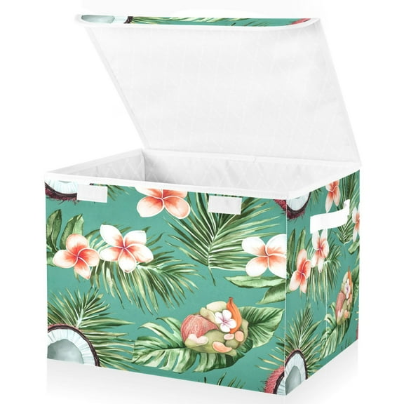 Ryvnso Tropical Coconut Leaves Large Lidded Foldable Storage Baskets Cubes Boxes Lids Bin for Home