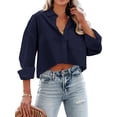 thumbnail image 1 of Langwyqu Turn-Down Collar Women Solid Button Crop Tops Lapel Blouse With Pocket, 1 of 5