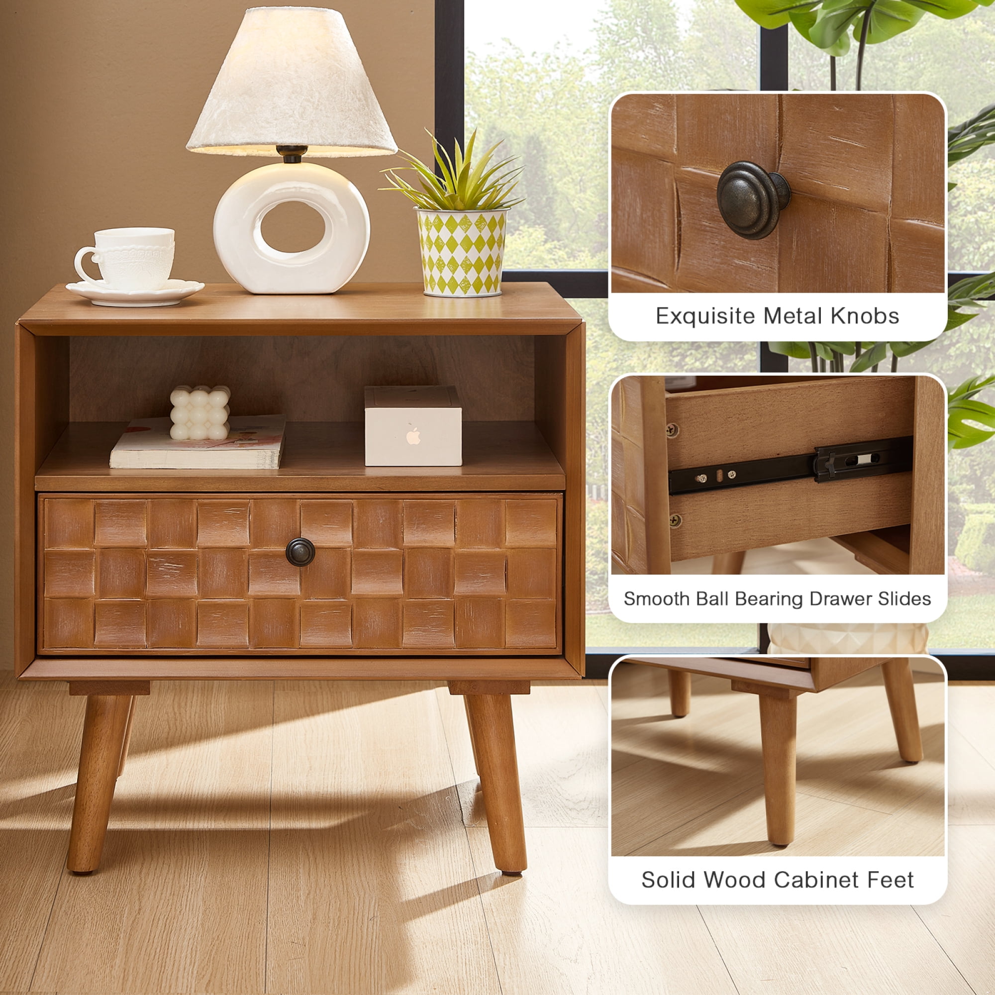 Leumius 22" Mid-Century Modern Wood Nightstand with Carved Geometric Drawer Front, 1 Drawer and Open Shelf, Solid Wood Legs, Bedside Table for Bedroom Oak