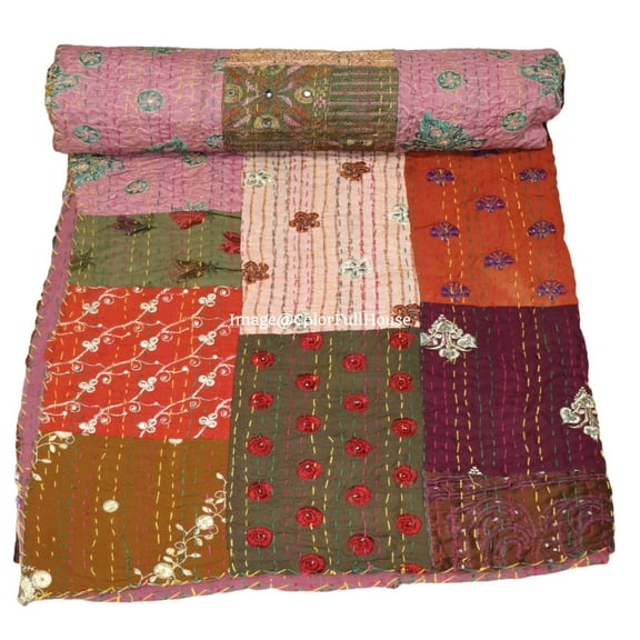 Indian Handmade Patchwork Kantha Quilt, Vintage Cotton,Silk Kantha Gudri,Decorative Hand Stitch Bedspread, Throw Blanket Size ( Double 90" x 108")