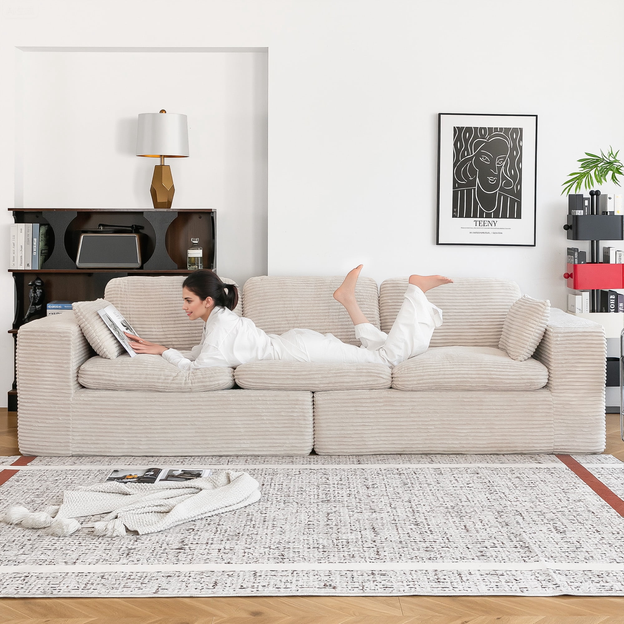 YODOLLA 110" Oversized Boneless Couch for Living Room,Cloud Sectional Sofa with Fluffy Corduroy Seat Cushions, 3 Seater Upholstered Floor Sofa, No Assembly Required, Beige