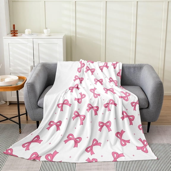 Pink Bow Throw Blanket For Couch Sofa Bed Fluffy Soft Warm Microfiber Fleece Blanket