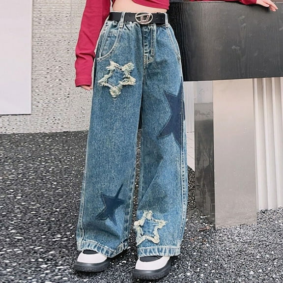 SNKSDGM Girls Pants Size 1012 5 14 Yrs Kids Girls Jeans Distressed Elastic Waist Baggy Denim Wide Leg Pants Trousers 12-13 Years