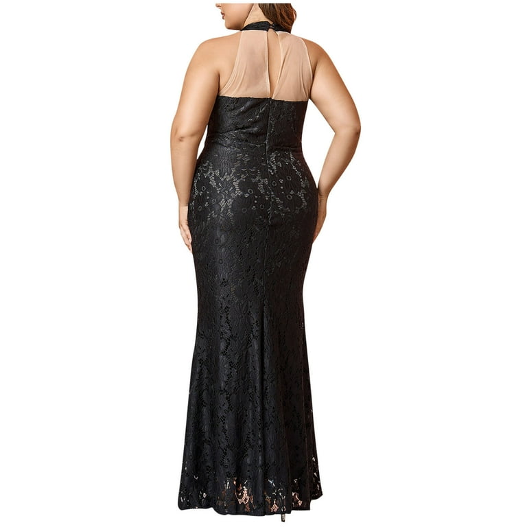 plus size lace bodycon dress Xpluswear Design Plus Size Formal Black Round Neck Long Sleeve See Through Elegant Bodycon Lace Maxi Dresses