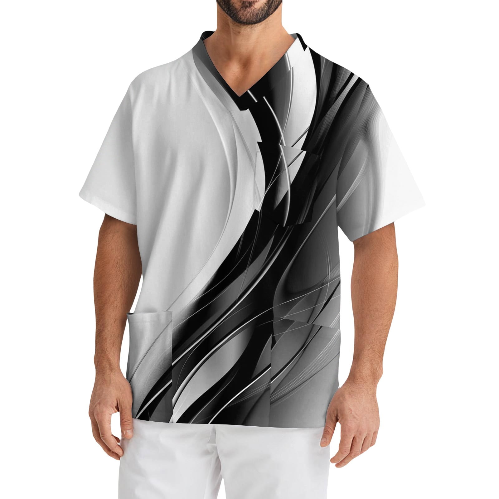 Domuza Mens Scrub Tops Plus Size V-Neck Short Sleeve Medical Workwear Gradient Striped Printed Stretch T-Shirt Comfort Soft Caregiver Tops with Pockets Black XXXXL