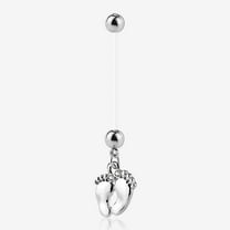 BM25 Baby Feet Sparkle Dangle Bio-Flex Pregnancy Belly Button Ring-Clear Gem