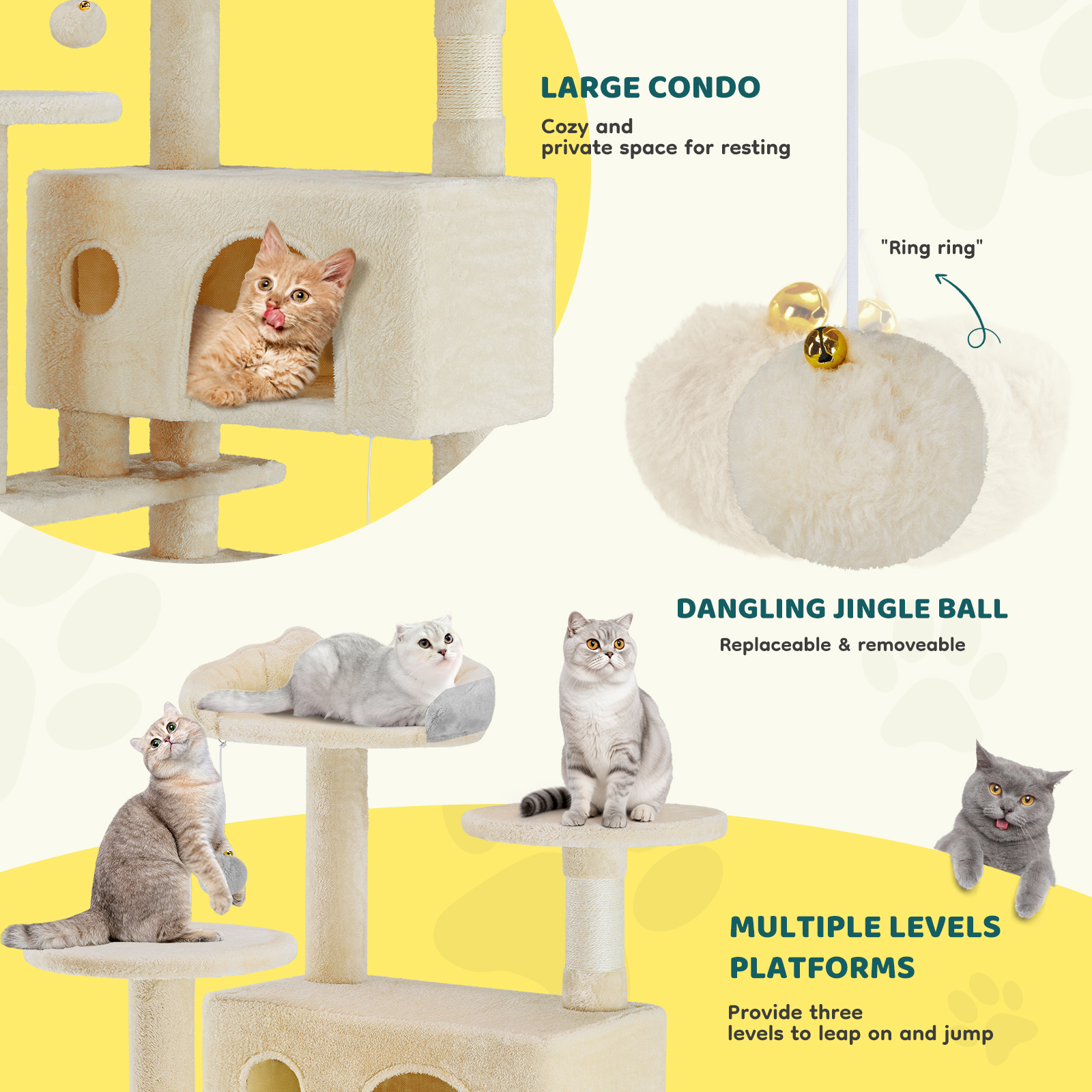 MCQ 54" Cat Tree Tower Multi-level with Scratching Post, Large Condo for Indoor, Beige