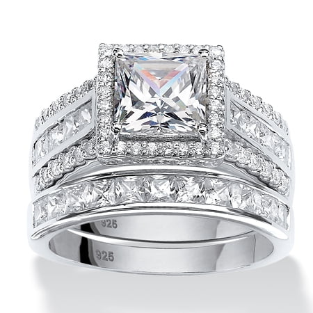 3.31 TCW Cubic Zironica 2-Piece Platinum-plated Silver Halo Bridal Ring Set