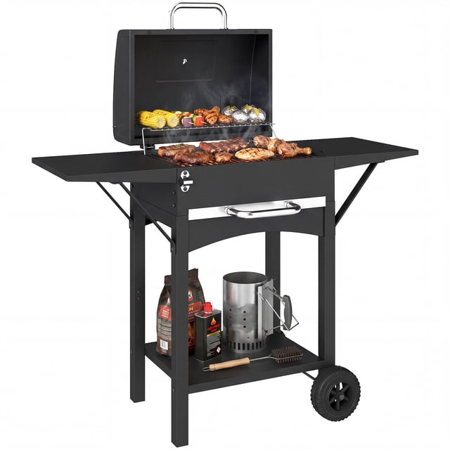 Outsunny Gril au Charbon avec 2 Tables d'Appoint, Gril Barbecue avec Roues
