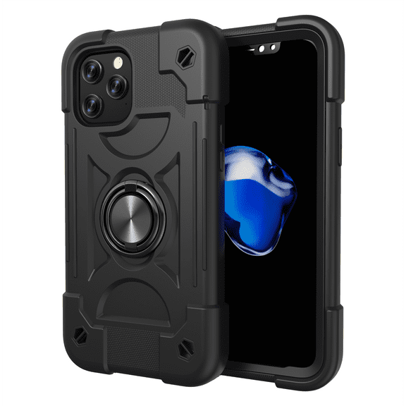iPhone 12 Pro Case 6.1", iPhone 12 Case 6.1 Inch - TECH CIRCLE Heavy Duty Protective Shockproof Case Drop Proof Rugged Cute Cover with Cell Phone Ring Holder Stand (A Black)