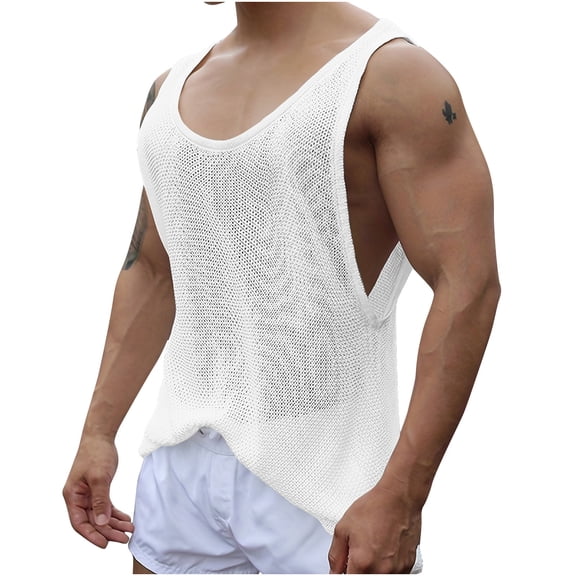 Besolor Men's Summer Tank Tops Round Neck Knit Hollow out Sleeveless Shirts Casual Loose Beach Vacation Tees