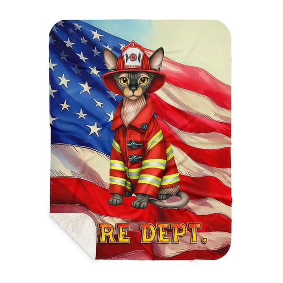 Firefighter Sphynx Hero Rescue Fire Dept Fireman USA Flag Cozy Sherpa Blanket Cat Lover Kitten Owner Gifts Idea Warm Soft Throw Blanket - 02026