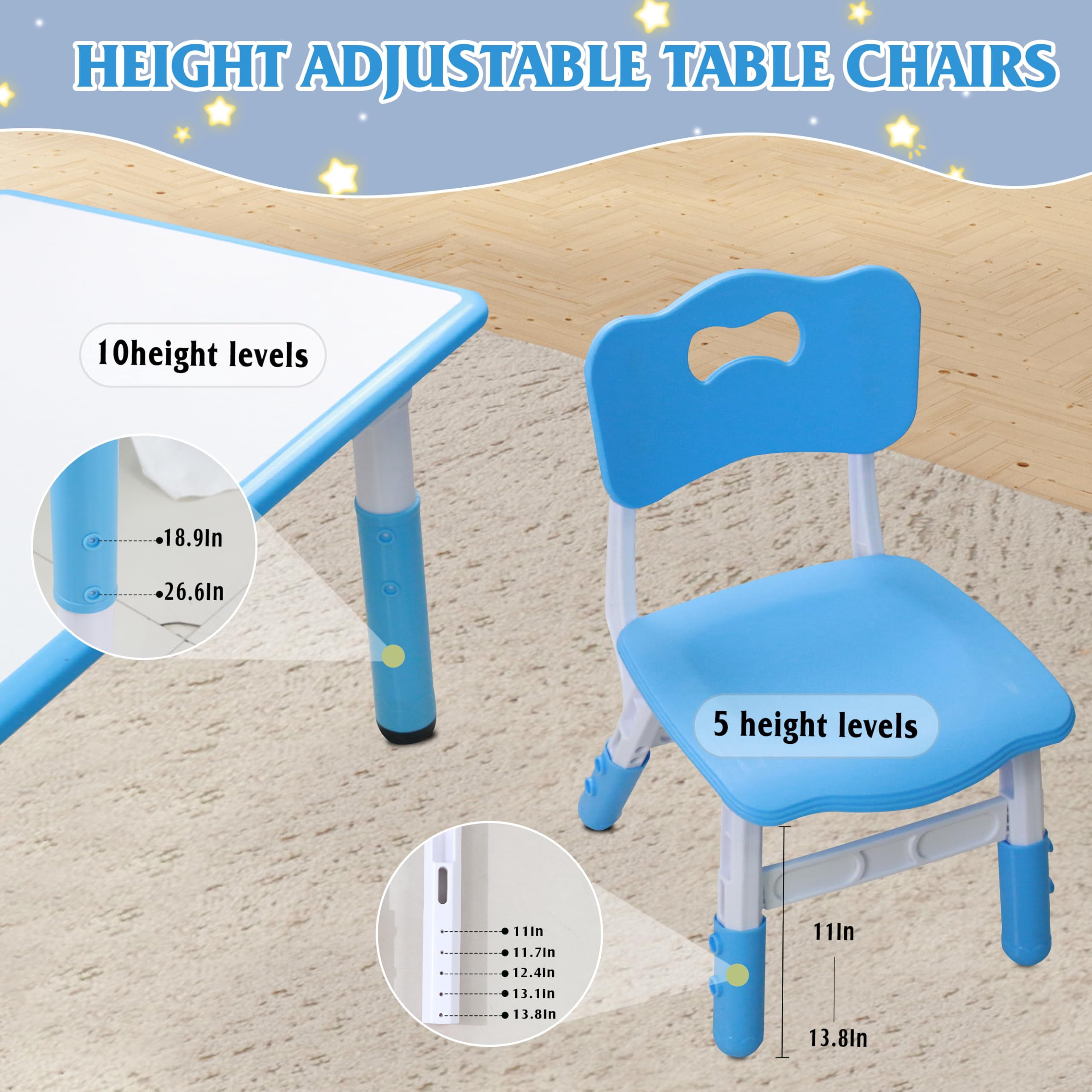Bibana Kids Table and 6 Chairs Set with Graffiti Desktop, Toddler Furniture Set, Non-Slip, Table Children Study Desk, Dining Table, Height Adjustable Desk, Painting Desktop for Kids