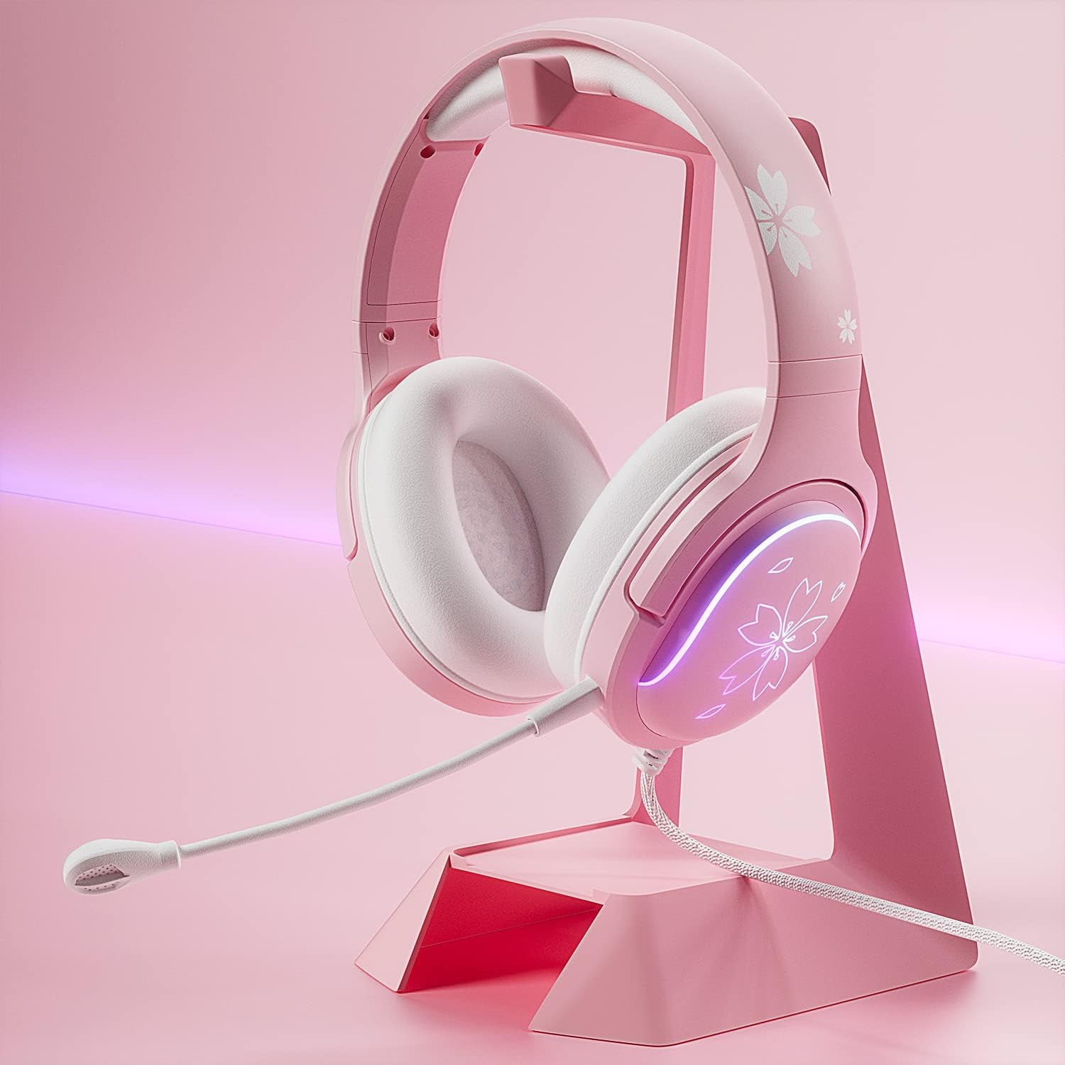 Cherry Blossom Stereo Gaming Headset for PS4/PS5/Xbox/PC/Mac/Switch, RGB Gradient Light Wired Gaming Headphones with Mic, Surround Sound Bass, Soft Memory Earmuffs for Kids & Girls/Women