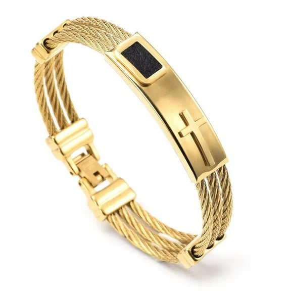 HOOUN Gold Stainless Steel Multilayer Cable Wire Cuff Bangle Mens Cross ID Bracelet