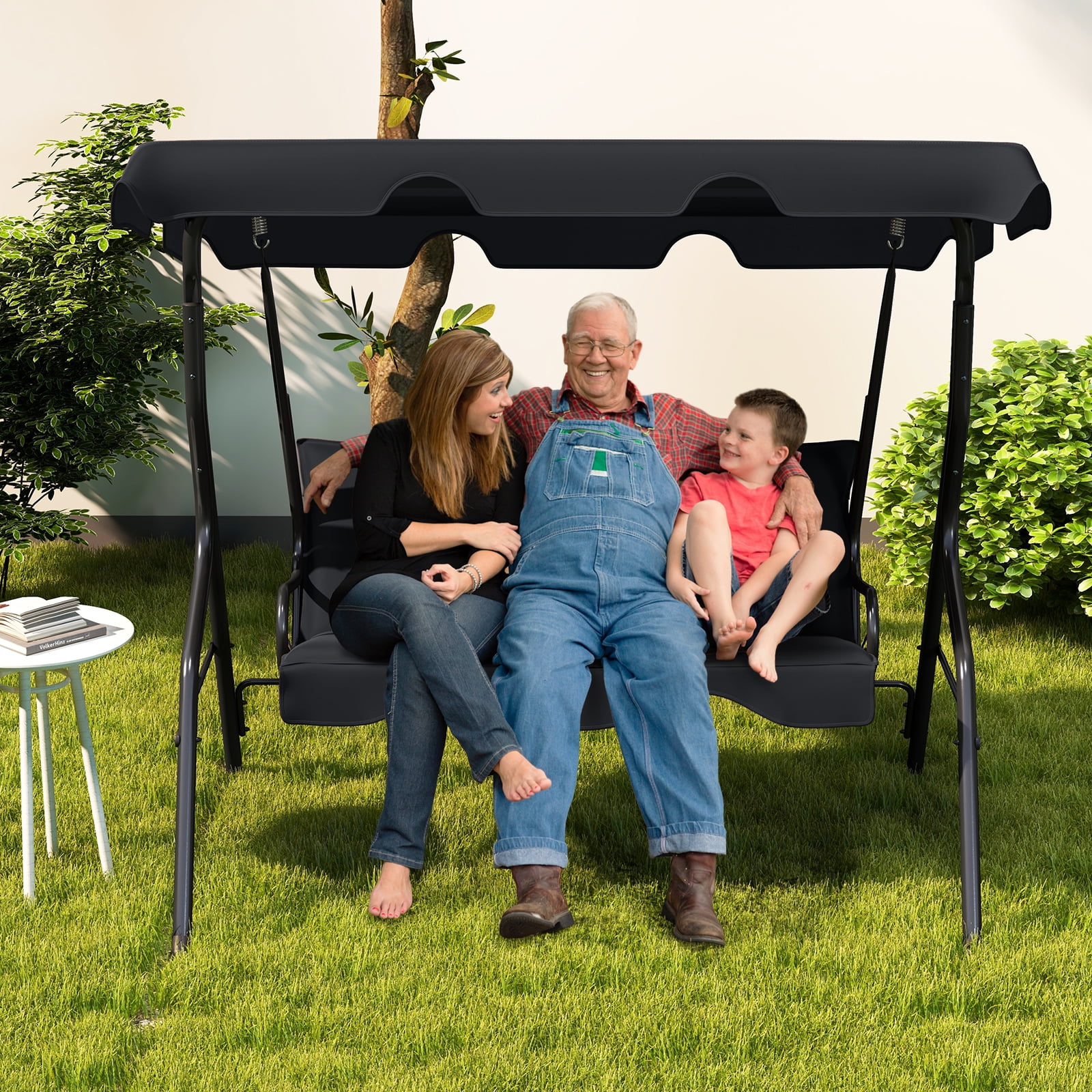 Costway Patio 3 Seats Canopy Porch Swing Glider Hammock Cushioned Steel Frame Outdoor Black Shop 2024 Deals Walmart