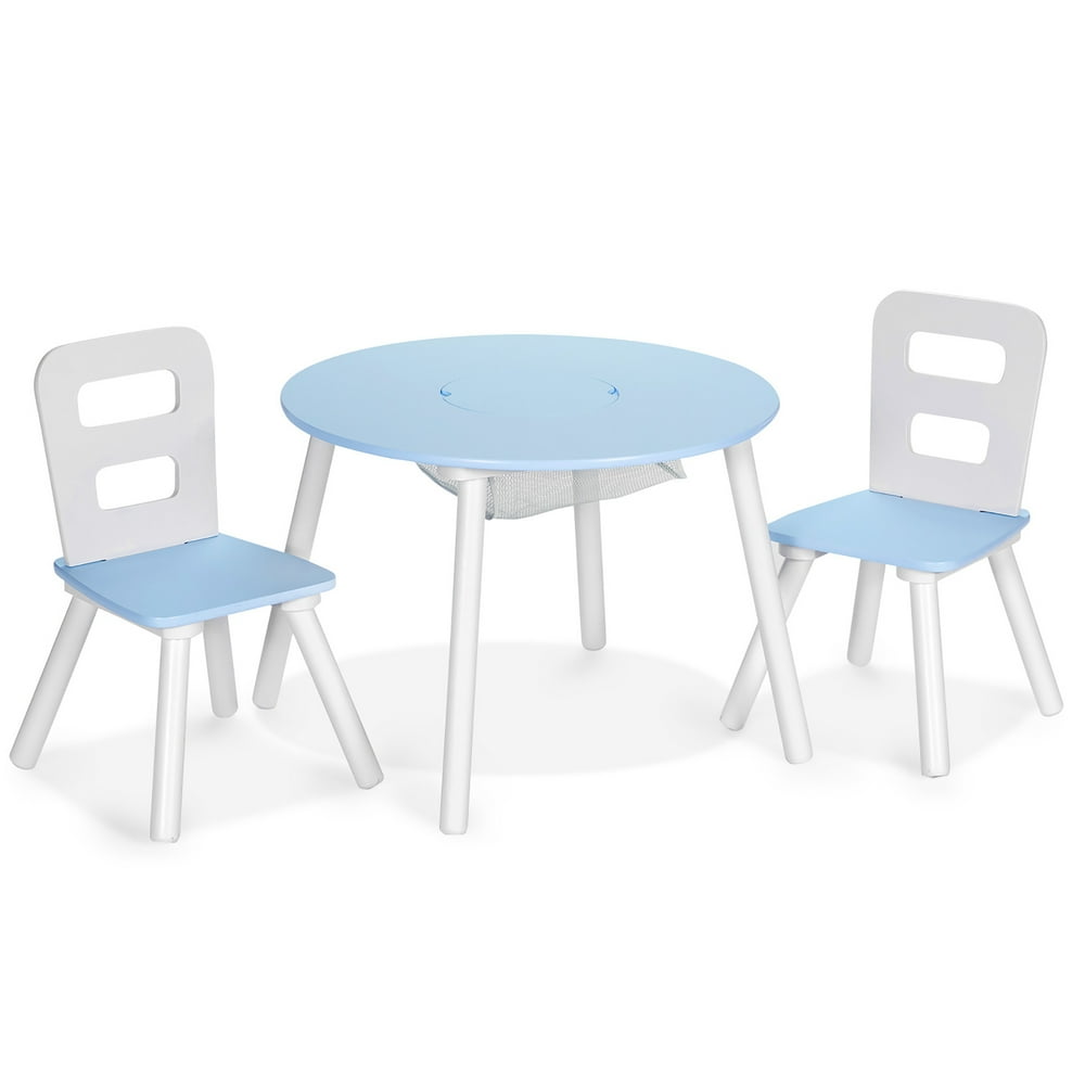 Costway Kids Wooden Round Table & 2 Chair Set w/ Center Mesh Storage Blue